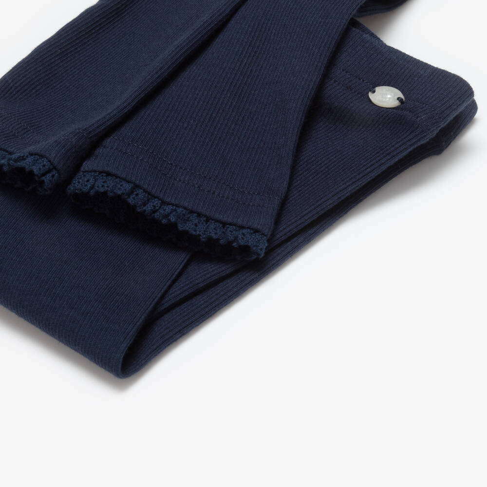 Tartine et Chocolat-Girls Navy Blue Ribbed Cotton Leggings | Childrensalon