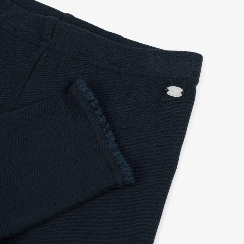 Tartine et Chocolat-Girls Navy Blue Ribbed Cotton Leggings with Lace Trims | Childrensalon