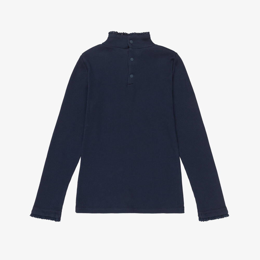 Tartine et Chocolat-Girls Navy Blue Ribbed Cotton Turtleneck Top | Childrensalon
