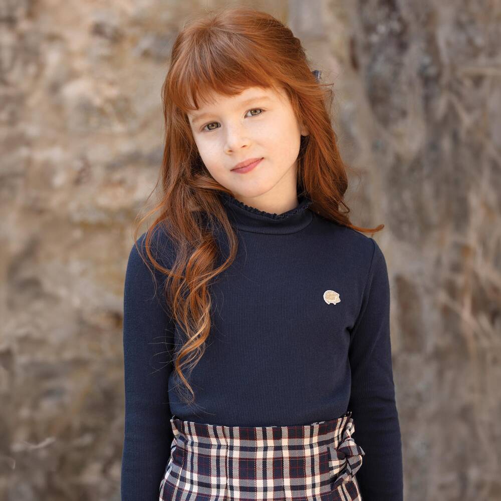Tartine et Chocolat-Girls Navy Blue Ribbed Cotton Turtleneck Top | Childrensalon