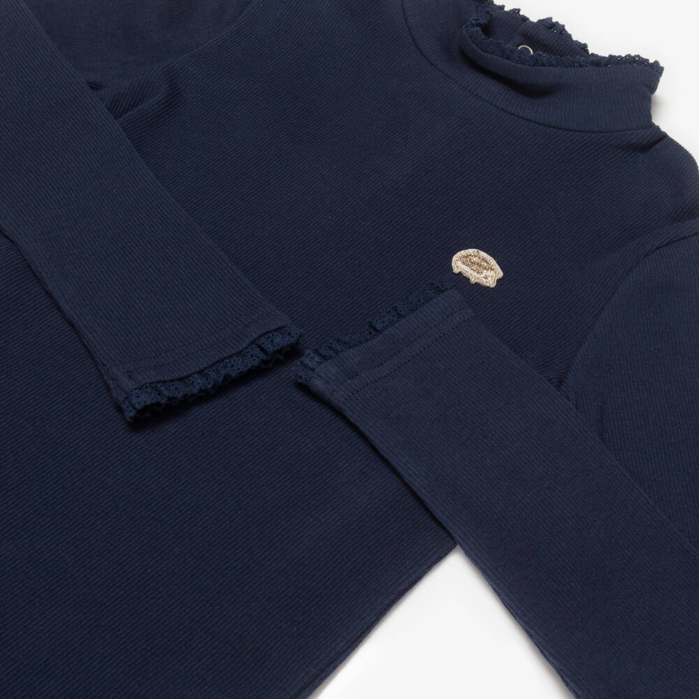 Tartine et Chocolat-Girls Navy Blue Ribbed Cotton Turtleneck Top | Childrensalon