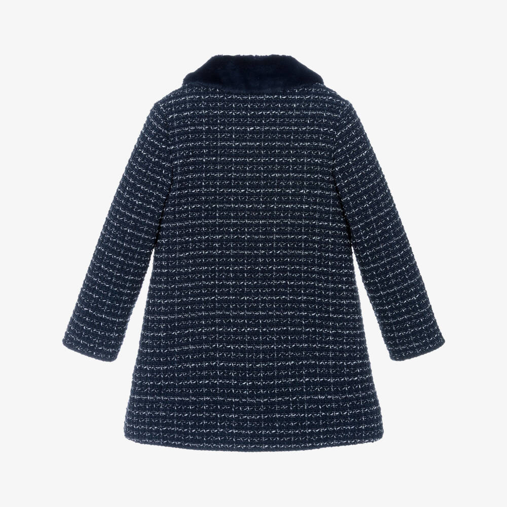 Tartine et Chocolat-Girls Navy Blue Sparkly Tweed Coat with Faux Fur Collar | Childrensalon