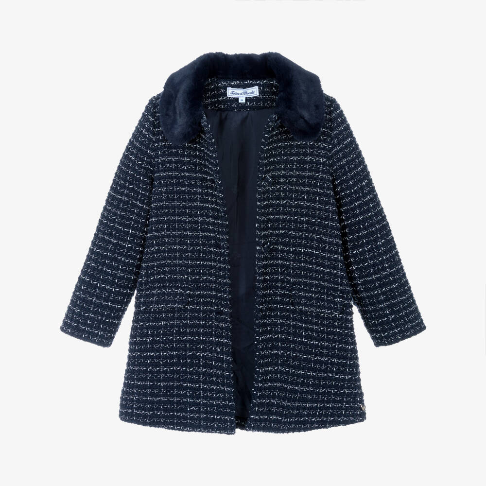 Tartine et Chocolat-Girls Navy Blue Sparkly Tweed Coat with Faux Fur Collar | Childrensalon
