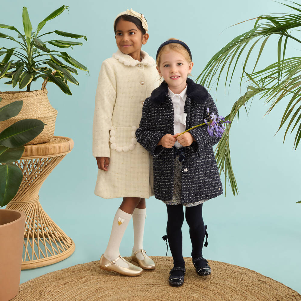 Tartine et Chocolat-Girls Navy Blue Sparkly Tweed Coat with Faux Fur Collar | Childrensalon