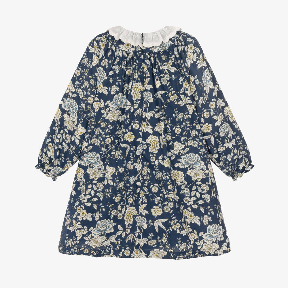 Tartine et Chocolat-Girls Navy Blue Tana Lawn Floral Dress in Liberty Fabric | Childrensalon