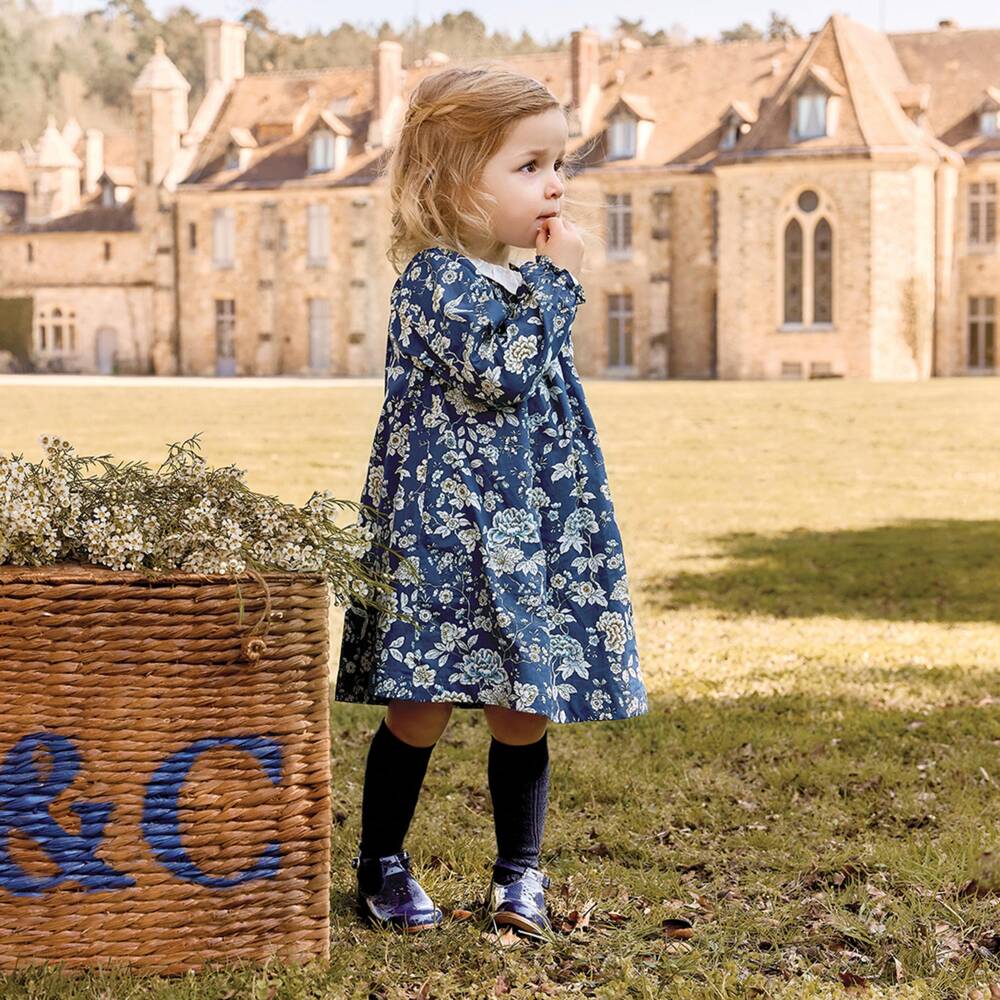 Tartine et Chocolat-Girls Navy Blue Tana Lawn Floral Dress in Liberty Fabric | Childrensalon