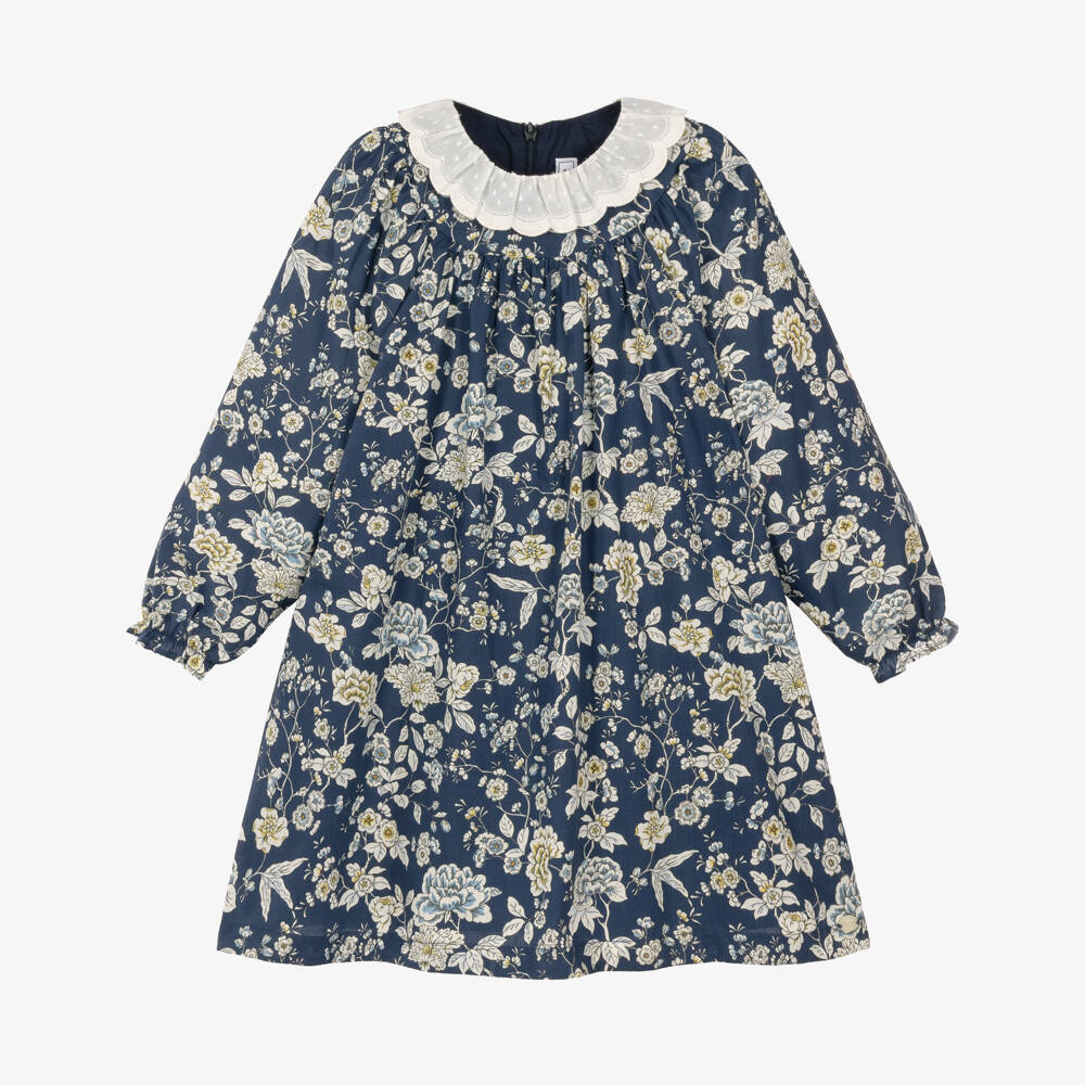 Tartine et Chocolat-Girls Navy Blue Tana Lawn Floral Dress in Liberty Fabric | Childrensalon