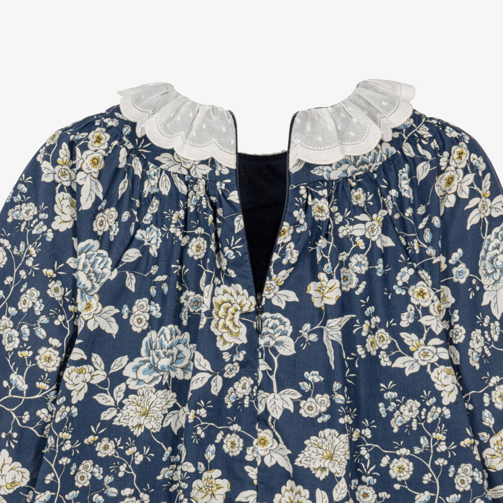 Tartine et Chocolat-Girls Navy Blue Tana Lawn Floral Dress in Liberty Fabric | Childrensalon