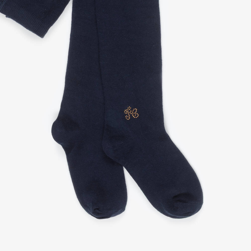 Tartine et Chocolat-Girls Navy Blue Tights with Sparkly Logo | Childrensalon
