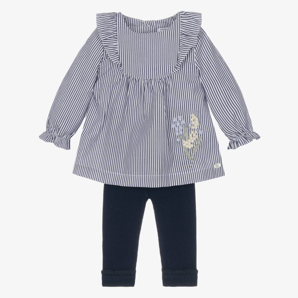 Tartine et Chocolat-Girls Navy Blue & White Leggings Set with Striped Blouse | Childrensalon