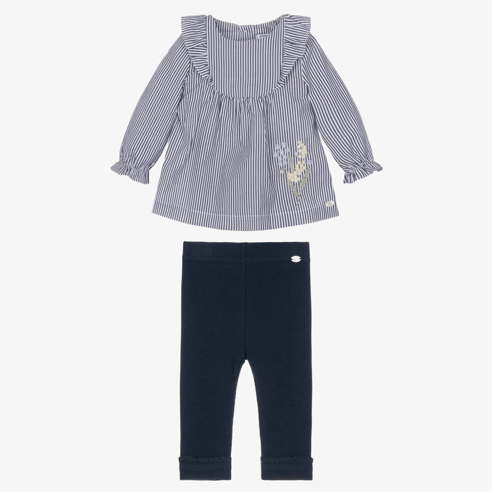 Tartine et Chocolat-Girls Navy Blue & White Leggings Set with Striped Blouse | Childrensalon