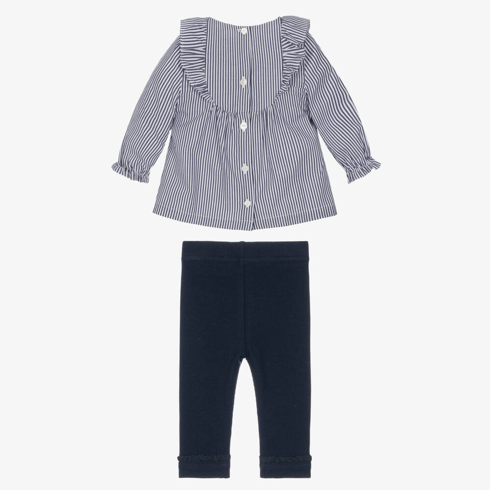 Tartine et Chocolat-Girls Navy Blue & White Leggings Set with Striped Blouse | Childrensalon