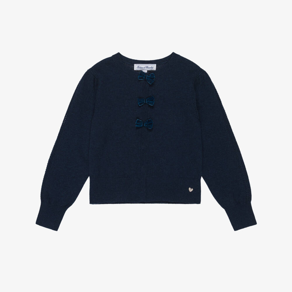 Tartine et Chocolat-Girls Navy Blue Wool & Cashmere Cardigan with Bows | Childrensalon