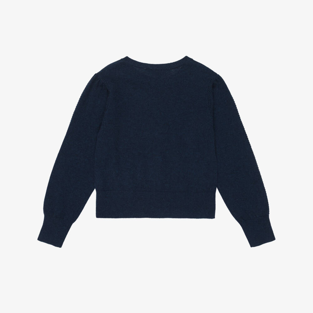 Tartine et Chocolat-Girls Navy Blue Wool & Cashmere Cardigan with Bows | Childrensalon