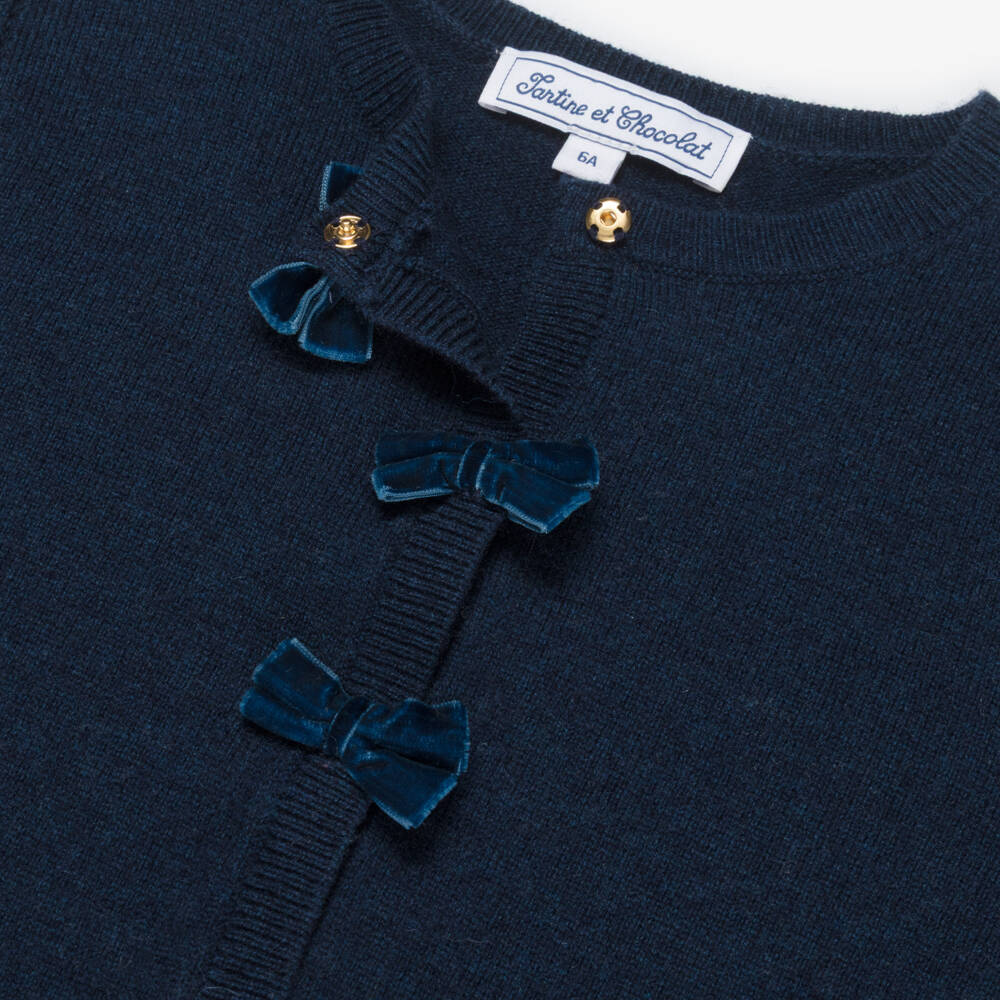 Tartine et Chocolat-Girls Navy Blue Wool & Cashmere Cardigan with Bows | Childrensalon