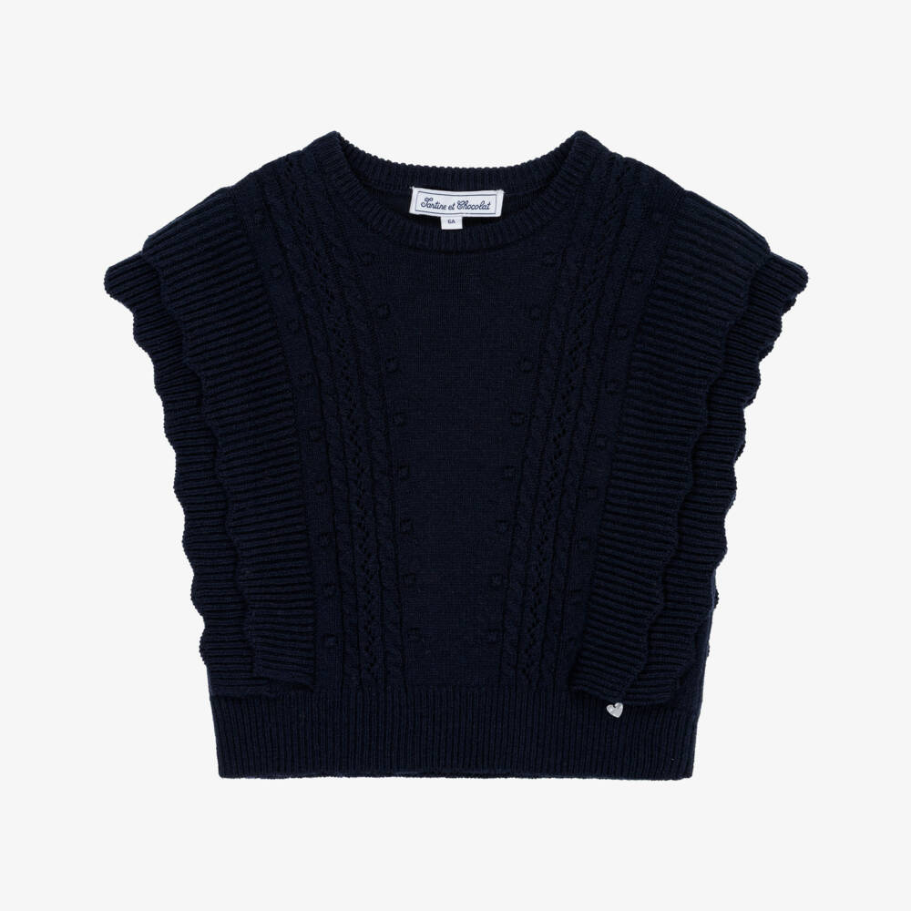 Tartine et Chocolat-Girls Navy Blue Wool & Cashmere Knit Tank Top | Childrensalon