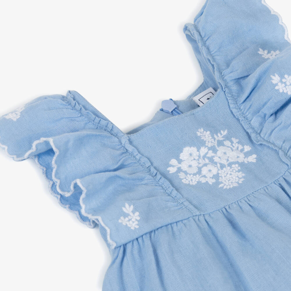 Tartine et Chocolat-Girls Pale Blue Linen Dress with Floral Embroidery | Childrensalon