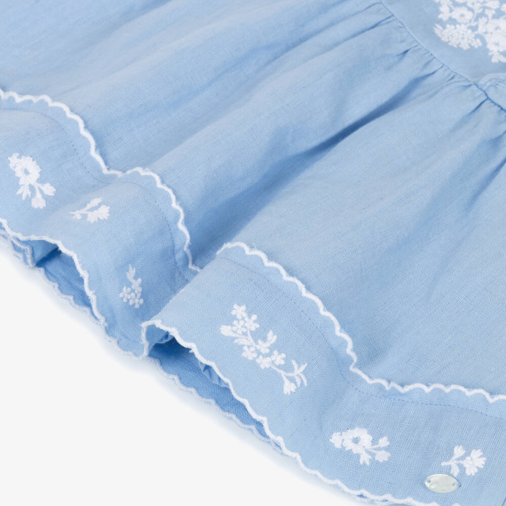 Tartine et Chocolat-Girls Pale Blue Linen Dress with Floral Embroidery | Childrensalon