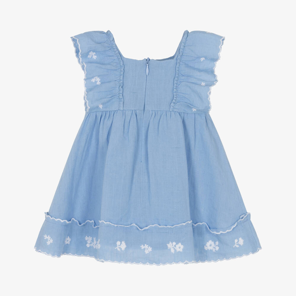 Tartine et Chocolat-Girls Pale Blue Linen Dress with Floral Embroidery | Childrensalon