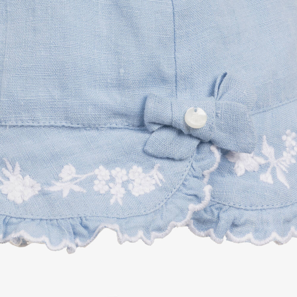 Tartine et Chocolat-Girls Pale Blue Linen Sun Hat with Floral Embroidery | Childrensalon