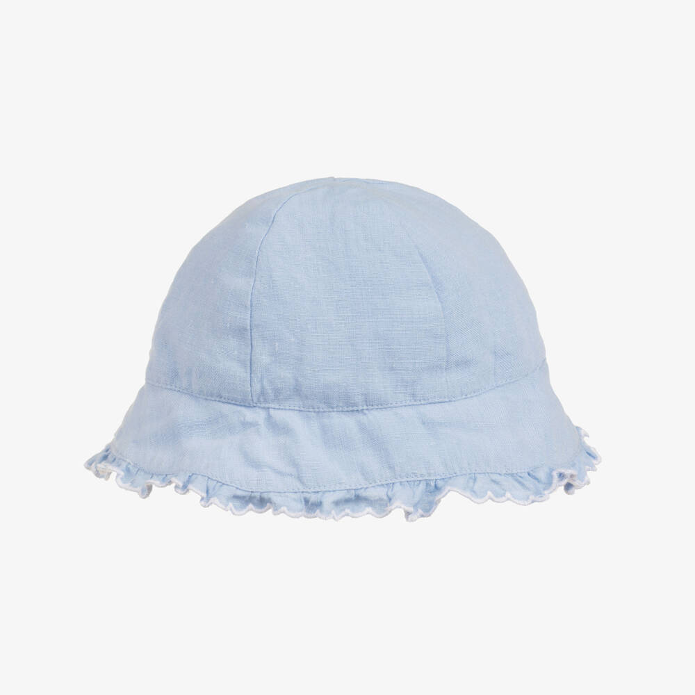Tartine et Chocolat-Girls Pale Blue Linen Sun Hat with Floral Embroidery | Childrensalon