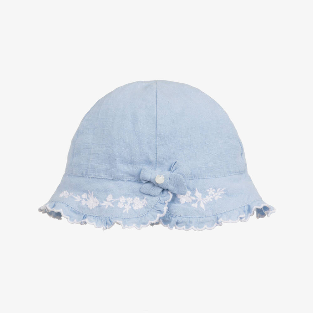 Tartine et Chocolat-Girls Pale Blue Linen Sun Hat with Floral Embroidery | Childrensalon