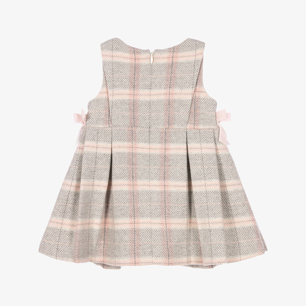 Tartine et Chocolat-Girls Pale Grey & Pink Check Dress with Bows | Childrensalon