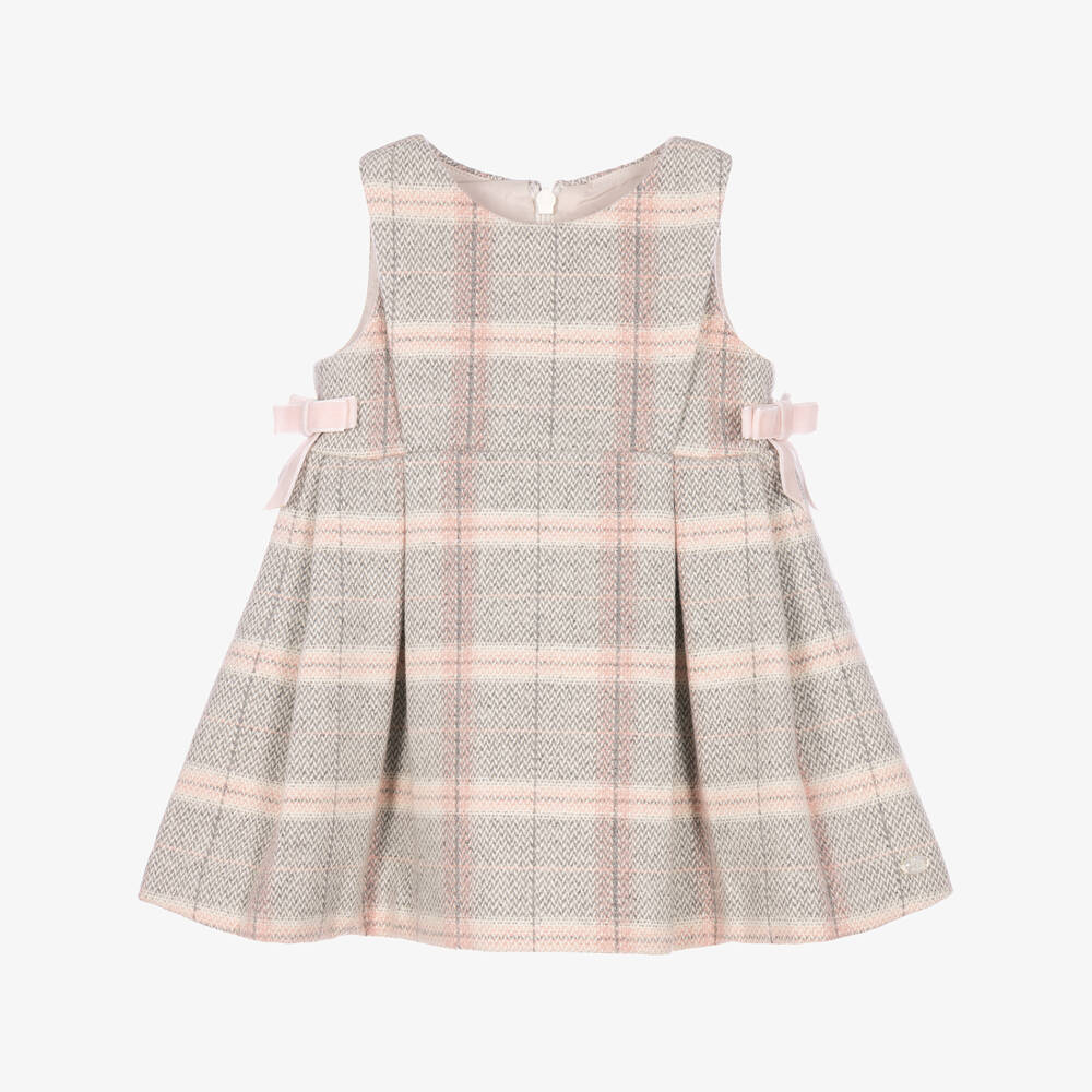 Tartine et Chocolat-Girls Pale Grey & Pink Check Dress with Bows | Childrensalon