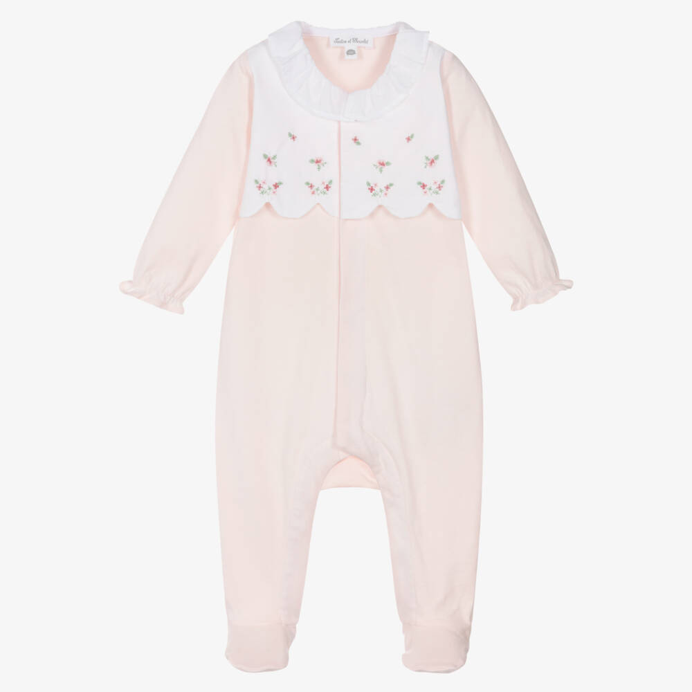 Tartine et Chocolat-Girls Pale Pink Cotton Babygrow with Embroidered Flowers | Childrensalon