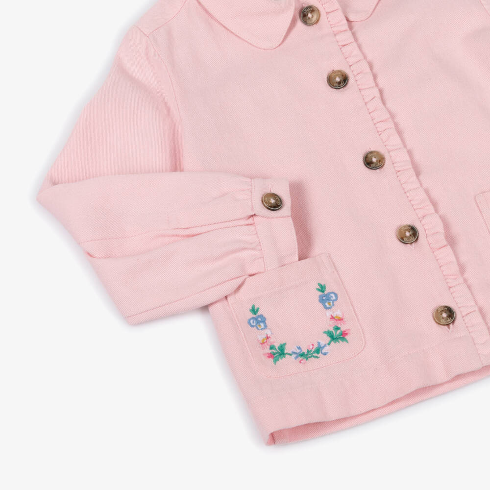 Tartine et Chocolat-Girls Pale Pink Denim Jacket with Floral Embroidery | Childrensalon