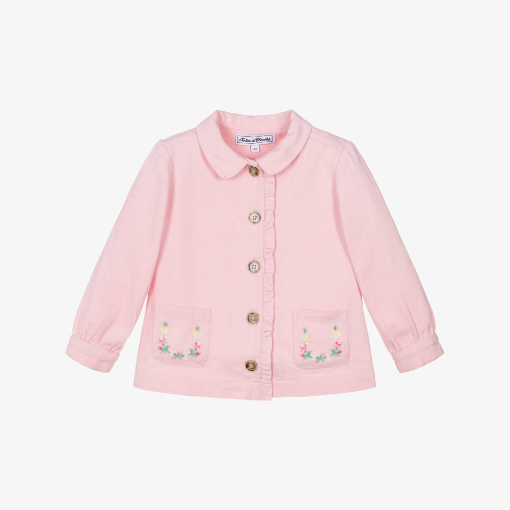 Tartine et Chocolat-Girls Pale Pink Denim Jacket with Floral Embroidery | Childrensalon