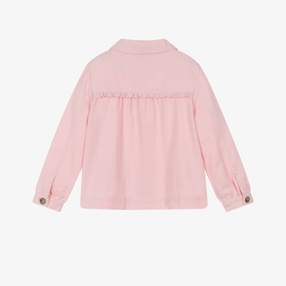 Tartine et Chocolat-Girls Pale Pink Denim Jacket with Floral Embroidery | Childrensalon
