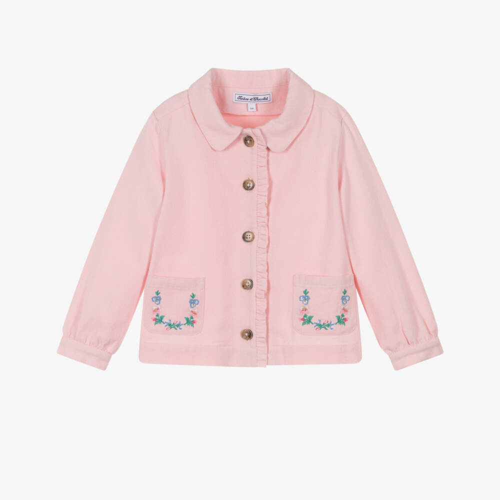 Tartine et Chocolat-Girls Pale Pink Denim Jacket with Floral Embroidery | Childrensalon