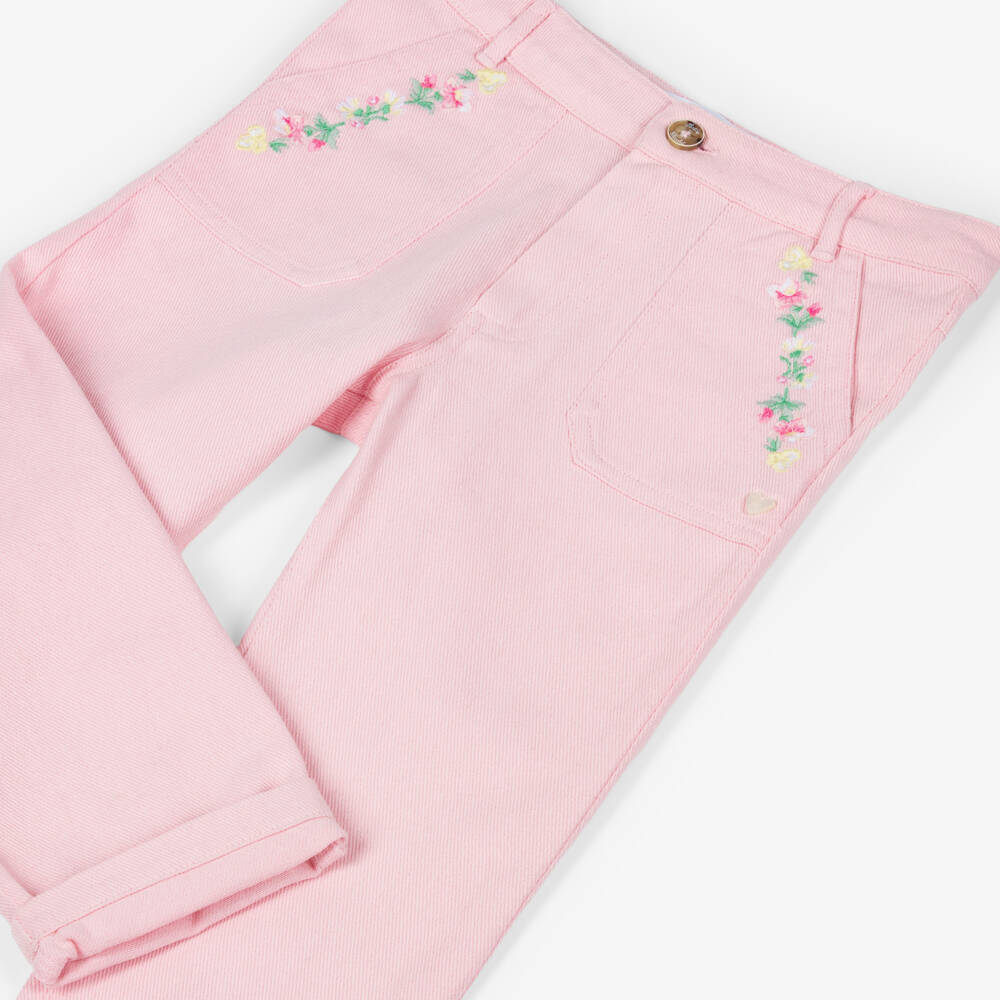 Tartine et Chocolat-Girls Pale Pink Denim Jeans with Floral Embroidery | Childrensalon