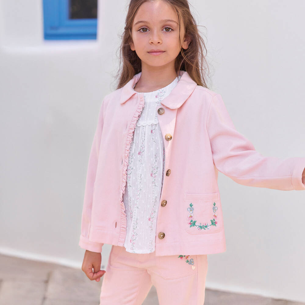 Tartine et Chocolat-Girls Pale Pink Denim Jeans with Floral Embroidery | Childrensalon