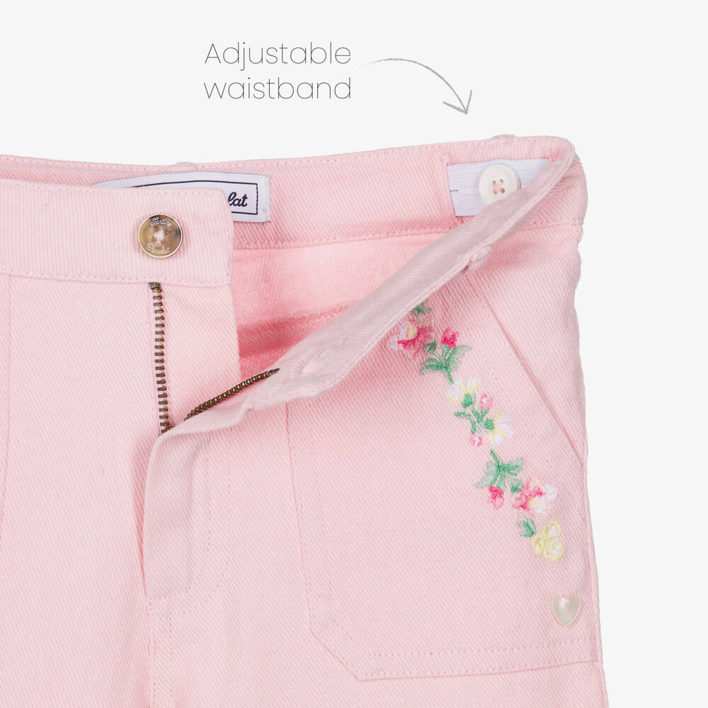 Tartine et Chocolat-Girls Pale Pink Denim Jeans with Floral Embroidery | Childrensalon