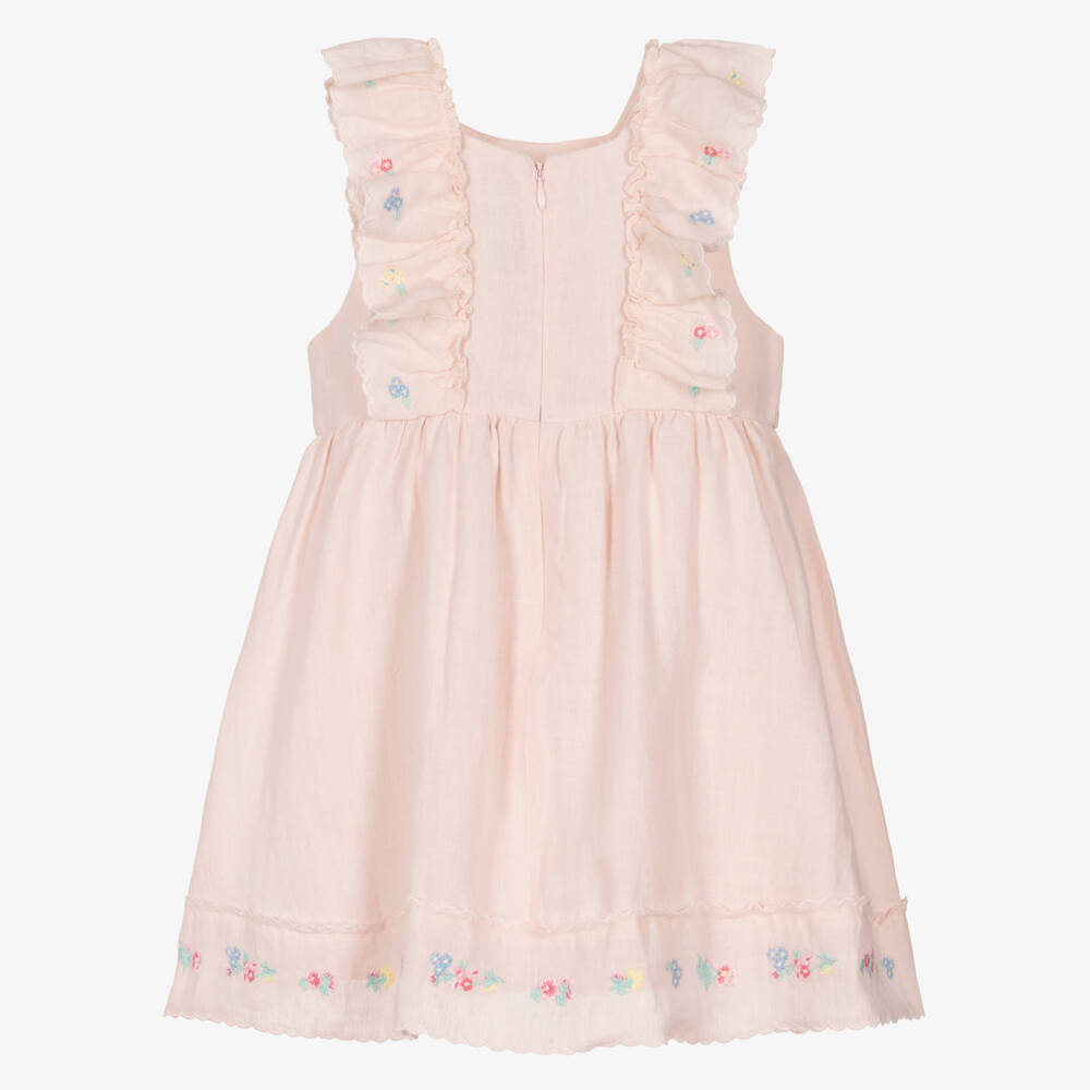 Tartine et Chocolat-Платье розовое из льна с цветочной вышивкой для девочек | Childrensalon