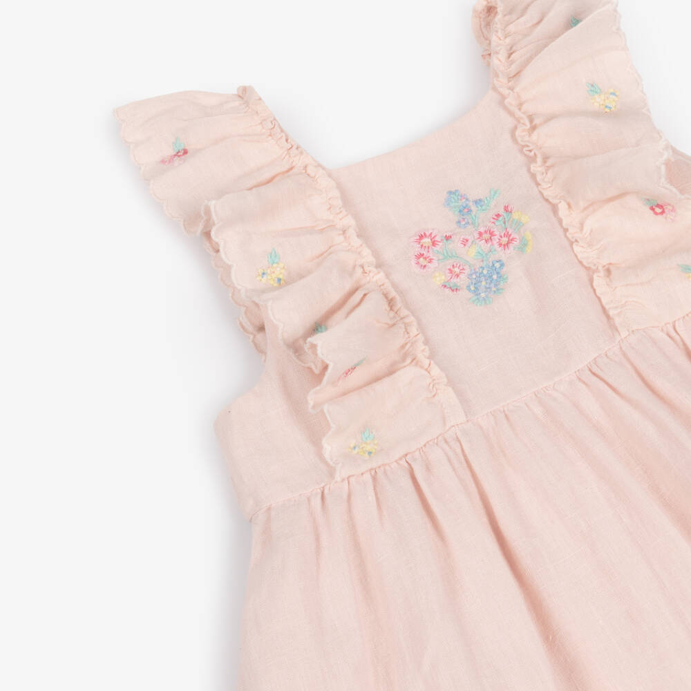 Tartine et Chocolat-Платье розовое из льна с цветочной вышивкой для девочек | Childrensalon