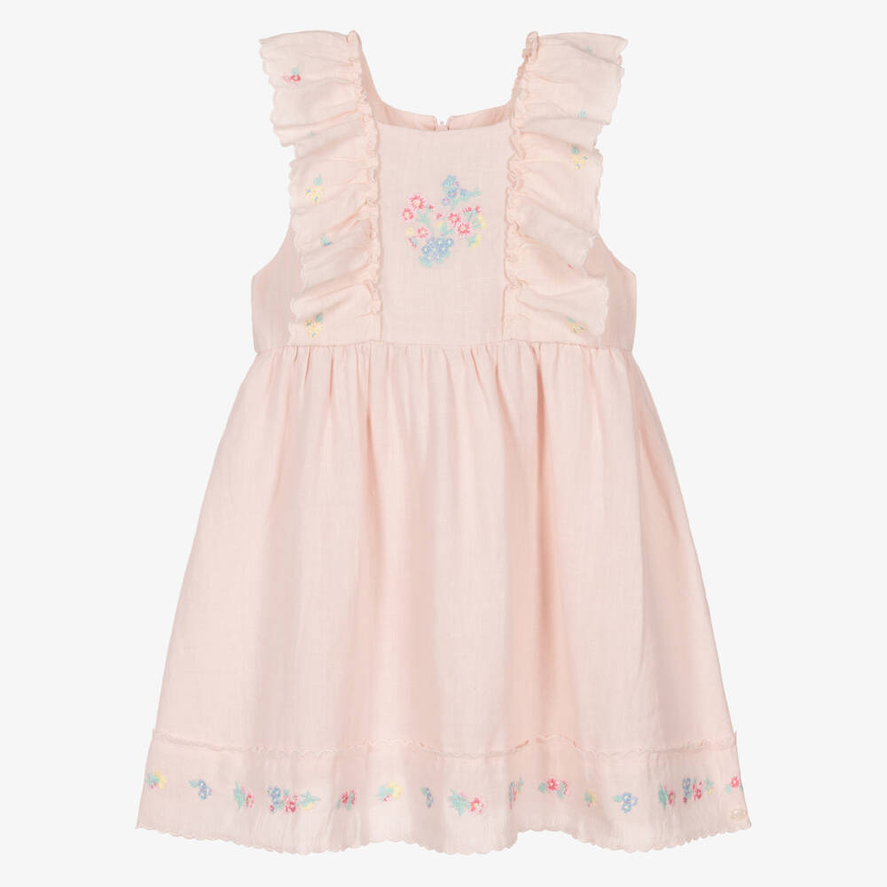 Tartine et Chocolat-Girls Pale Pink Linen Dress with Floral Embroidery | Childrensalon