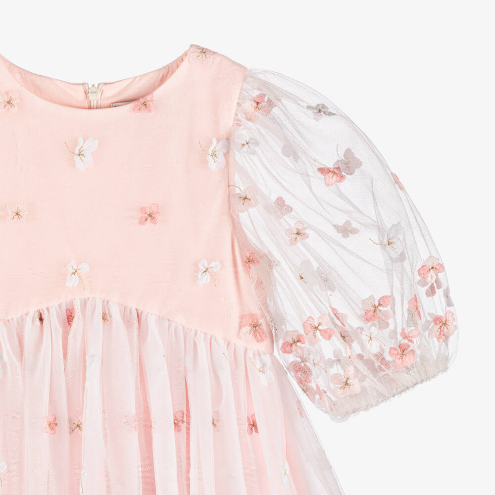 Tartine et Chocolat-Girls Pale Pink Tulle Floral Embroidery Dress | Childrensalon