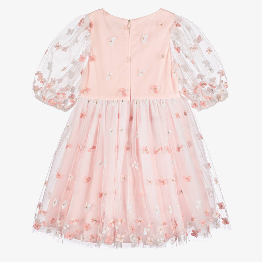 Tartine et Chocolat-Girls Pale Pink Tulle Floral Embroidery Dress | Childrensalon