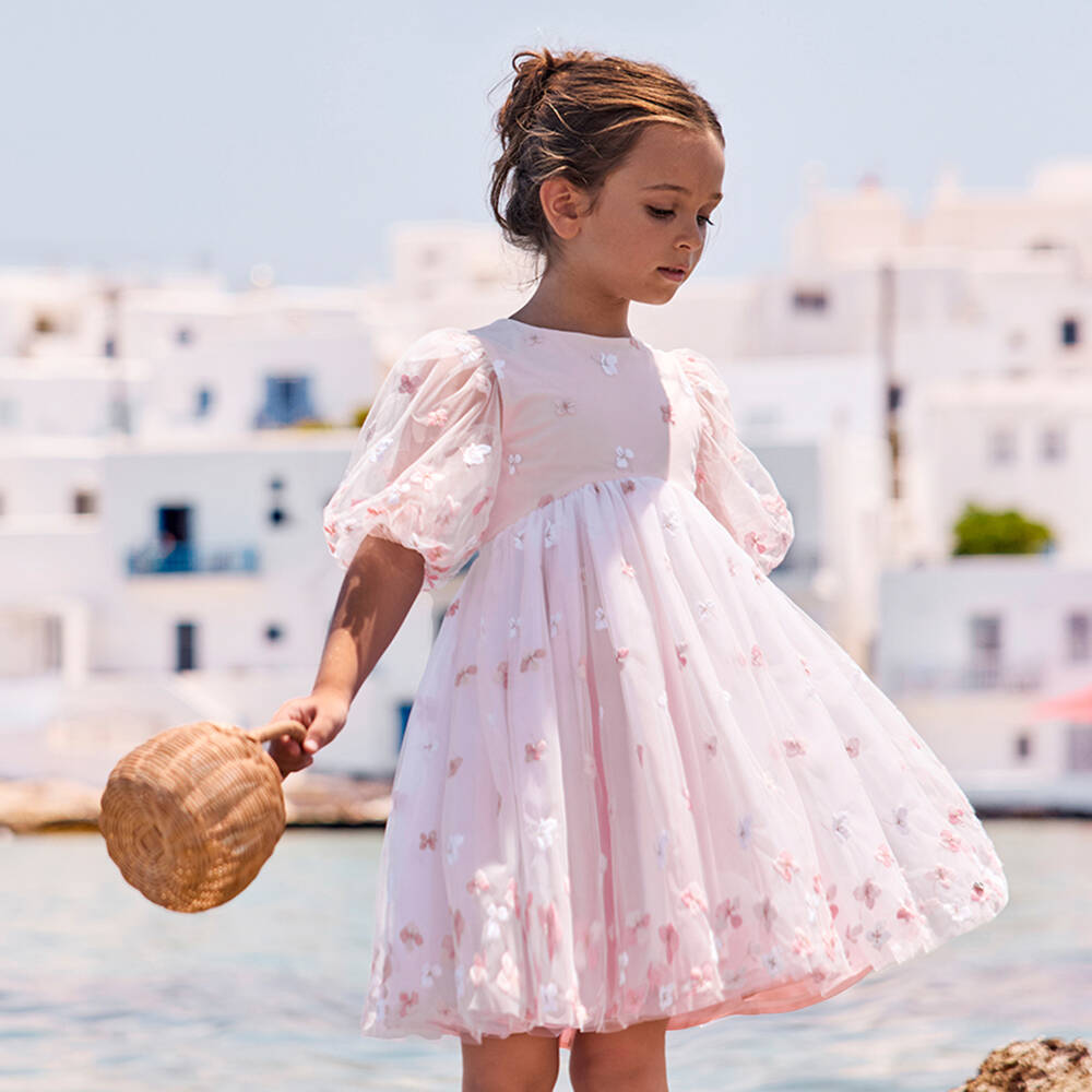 Tartine et Chocolat-Girls Pale Pink Tulle Floral Embroidery Dress | Childrensalon