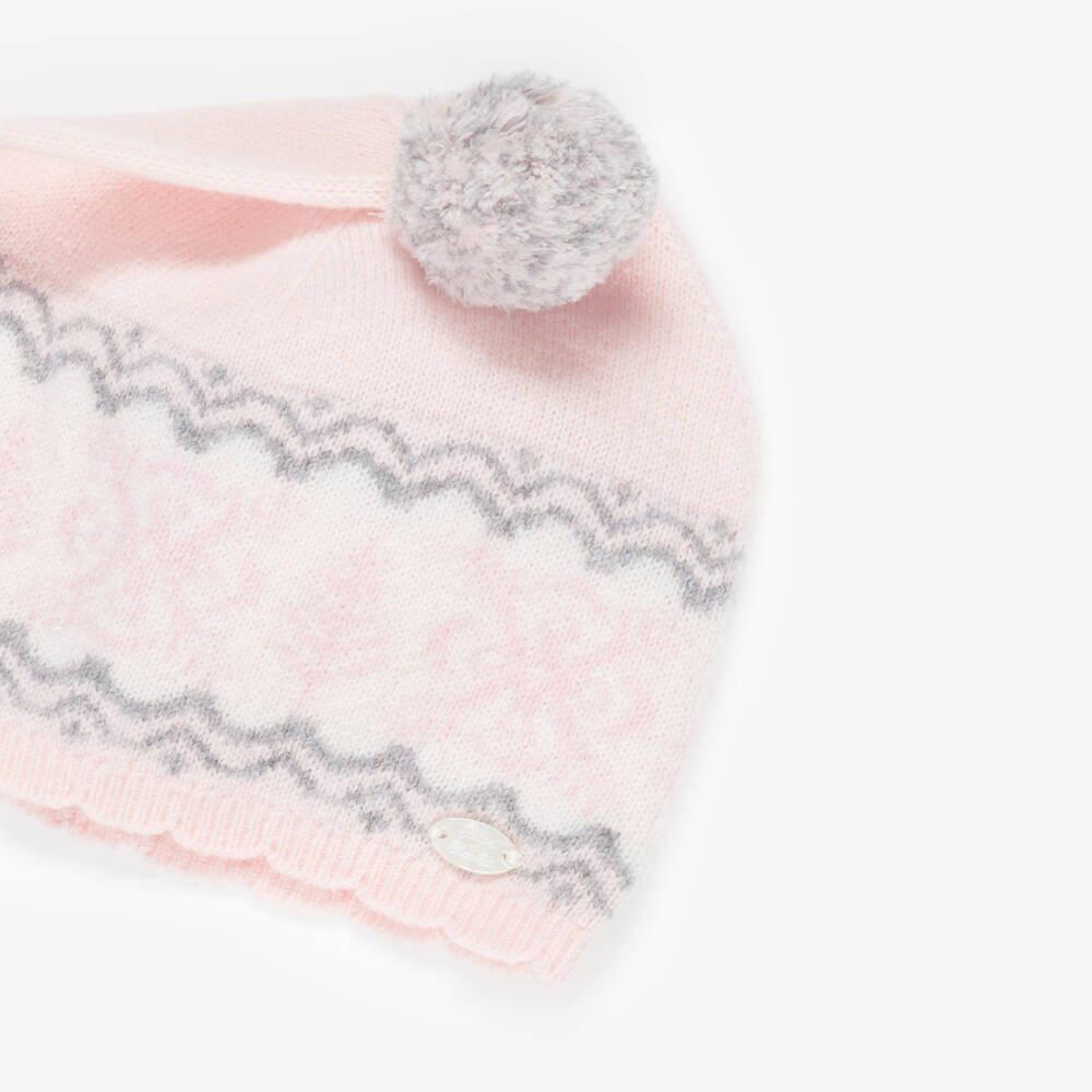 Tartine et Chocolat-Girls Pale Pink Wool Knit Fair Isle Hat | Childrensalon