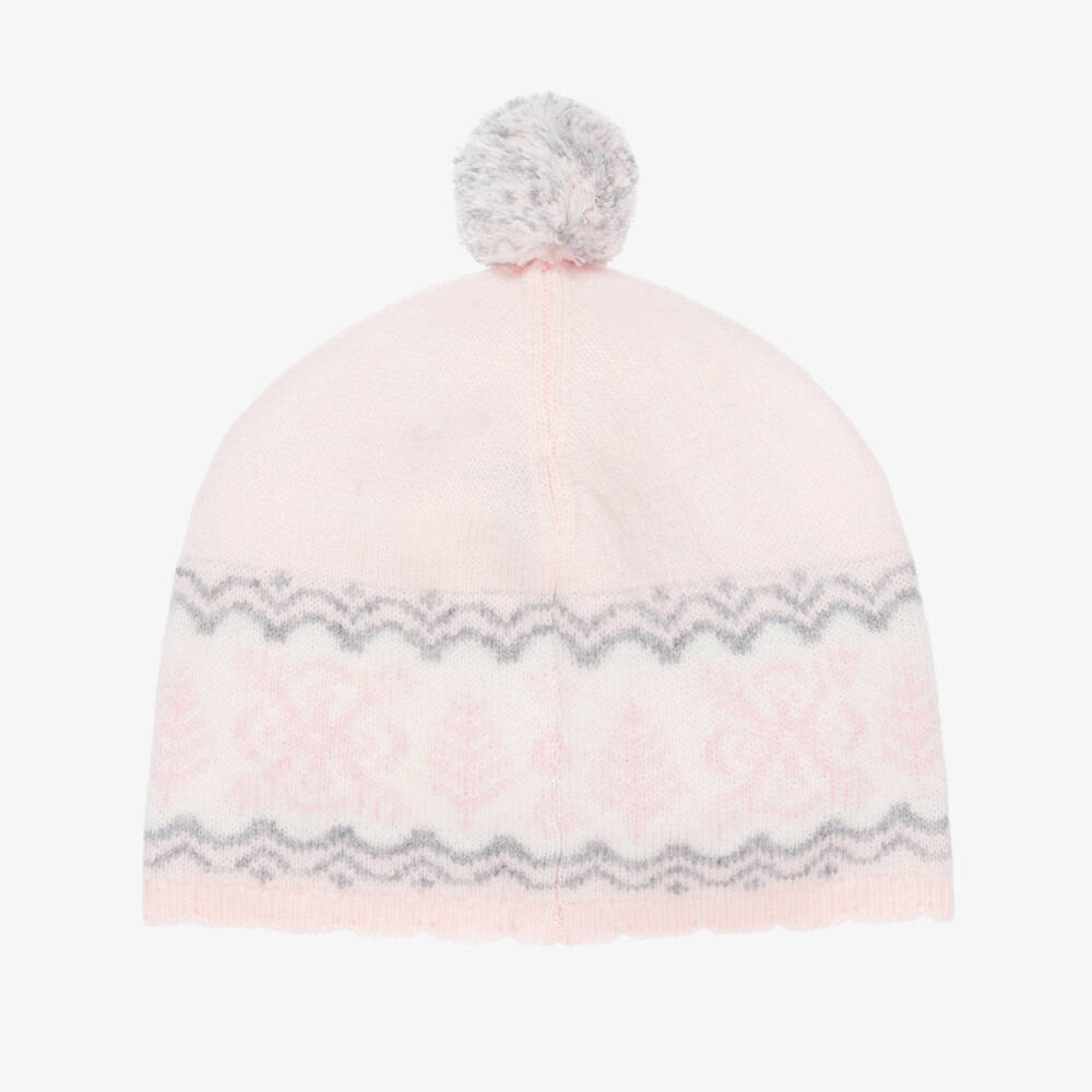 Tartine et Chocolat-Girls Pale Pink Wool Knit Fair Isle Hat | Childrensalon
