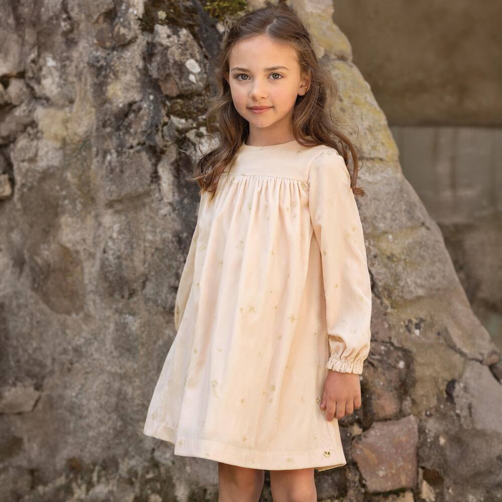 Tartine et Chocolat-Girls Peach Pink Velvet Dress with Gold Stars | Childrensalon