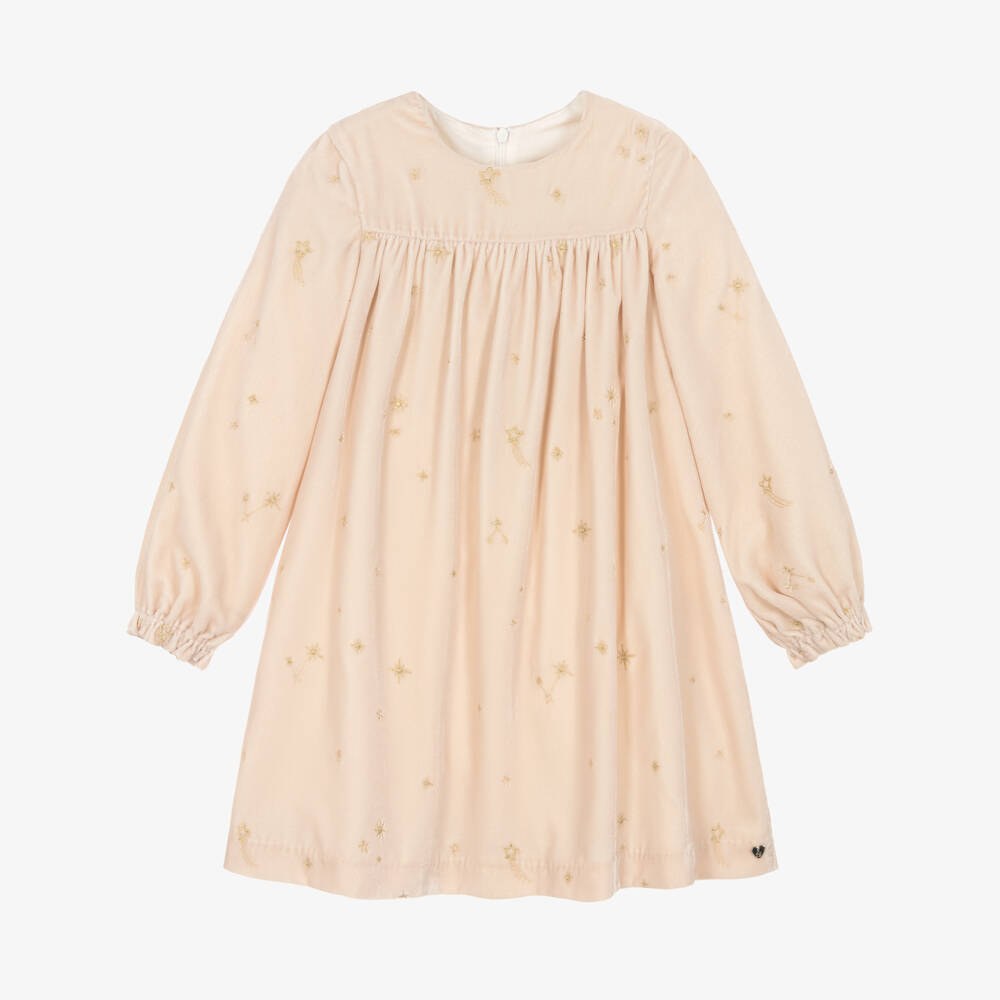 Tartine et Chocolat-Girls Peach Pink Velvet Dress with Gold Stars | Childrensalon
