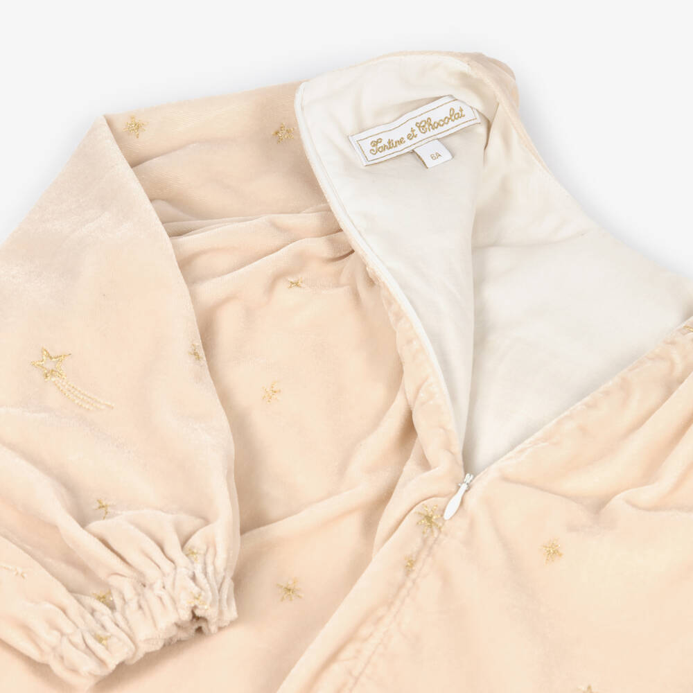 Tartine et Chocolat-Girls Peach Pink Velvet Dress with Gold Stars | Childrensalon
