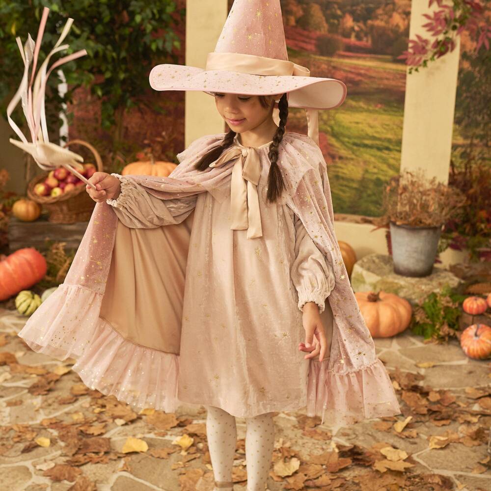 Tartine et Chocolat-Girls Peach Pink Velvet Dress with Gold Stars | Childrensalon