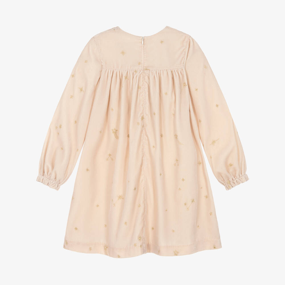 Tartine et Chocolat-Girls Peach Pink Velvet Dress with Gold Stars | Childrensalon