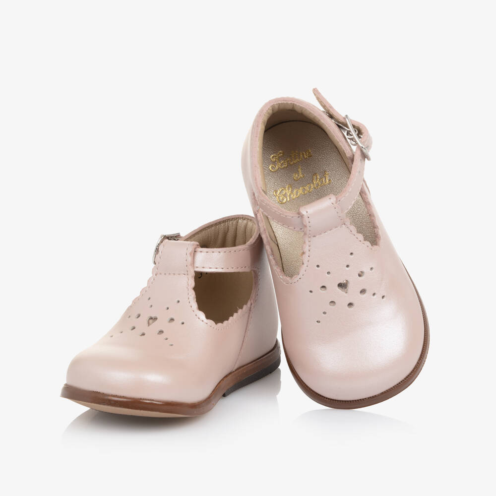 Tartine et Chocolat-Girls Pearlescent Pink Leather First Walker Shoes | Childrensalon